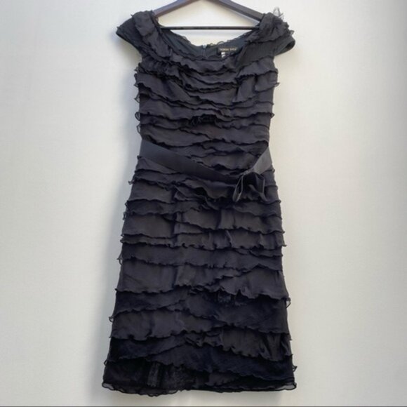 Tadashi Shoji Black Tiered Dress Mini Ribbon Belt Ruffle Dress Women Size 4 - Picture 2 of 6